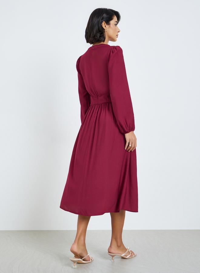 Styli Women Red Balloon Sleeves A-Line Midi Dress - Image 4